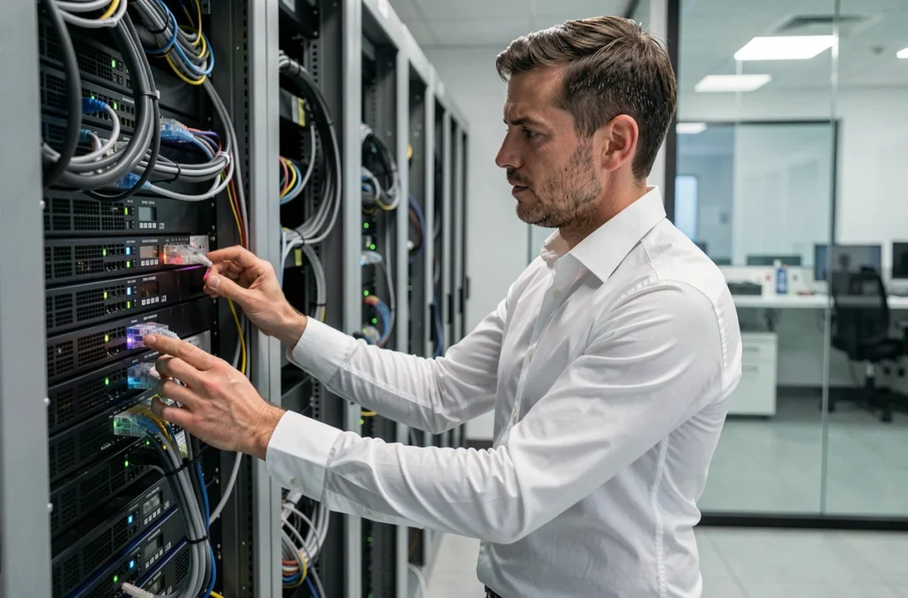 Consultant informatique de 3S2I inspectant une installation réseau dans une salle serveur professionnelle à Nice