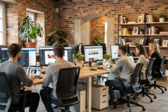 Bureau d'une agence WordPress dans le Haut-Rhin avec des professionnels travaillant sur des projets web
