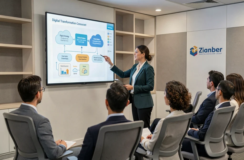 Consultante en transformation digitale d'Alteca présentant une architecture cloud à une équipe dans une salle de formation d'entreprise