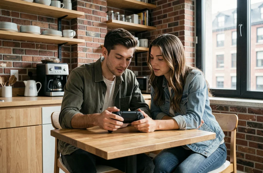 Deux amis découvrant les fonctionnalités de streaming à distance de la Sony PlayStation Portal dans une cuisine urbaine