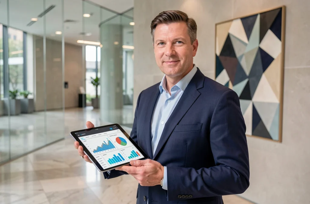 Consultant IT d'Apside en costume marine tenant une tablette avec des tableaux de bord analytiques dans un hall d'entreprise moderne