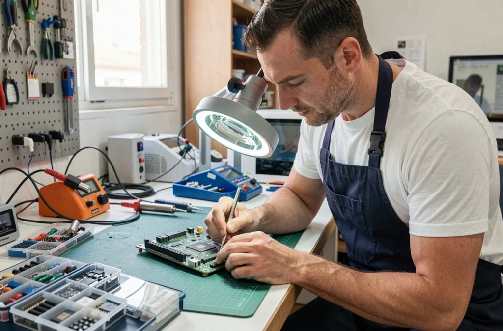 Technicien spécialisé de l'Atelier de Dépannage Informatique inspectant une carte mère à Nice