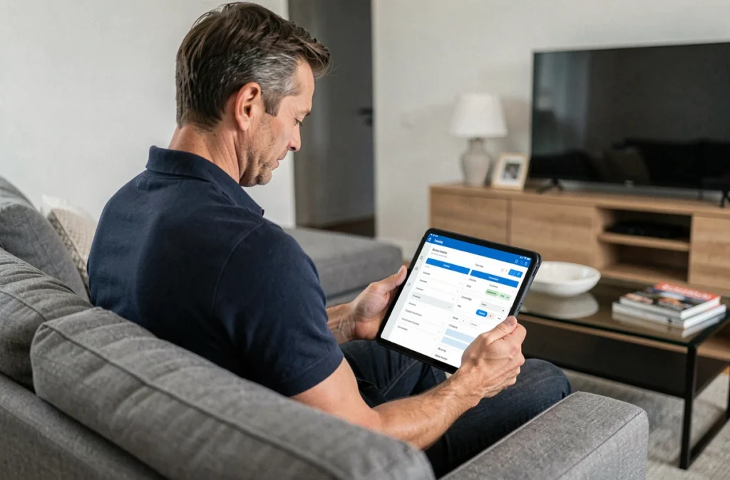 Homme configurant les paramètres de son routeur via l'interface administrateur sur une tablette depuis le salon