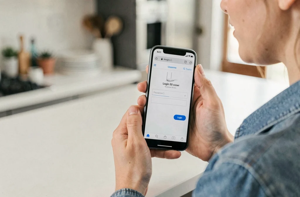 Femme accédant à la page de connexion admin du routeur depuis un smartphone mobile sur le réseau local
