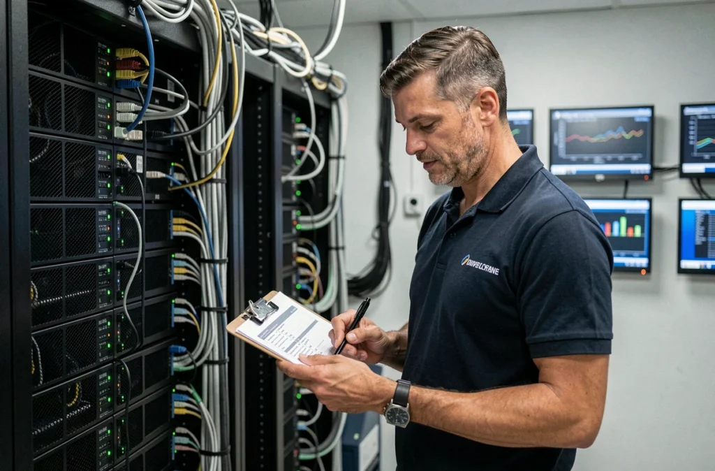 Technicien de Copinfo effectuant une maintenance informatique dans une salle serveur des Alpes-Maritimes