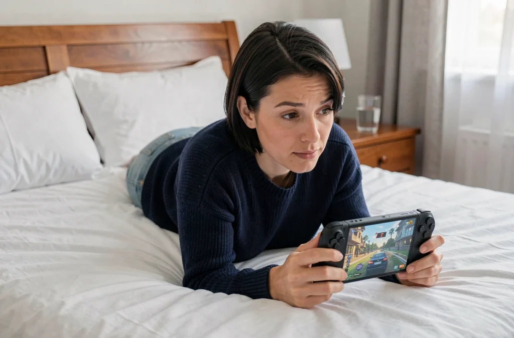 Femme utilisant la PlayStation Portal pour jouer à distance à des jeux PS5 dans une chambre confortable