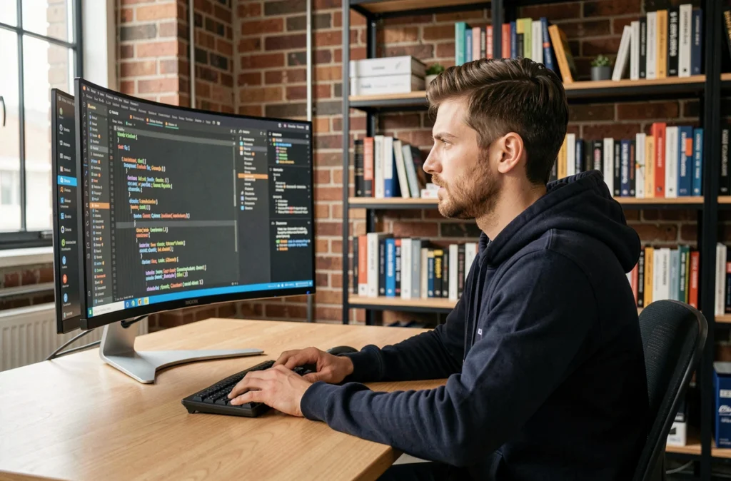 Développeur chez Galadrim travaillant sur un écran affichant du code dans un studio tech moderne