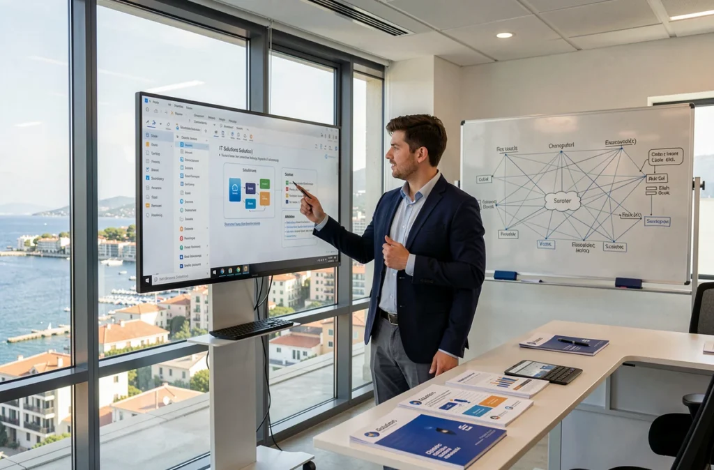 Consultant d'Ipneos présentant des solutions informatiques dans un bureau moderne sur la Côte d'Azur