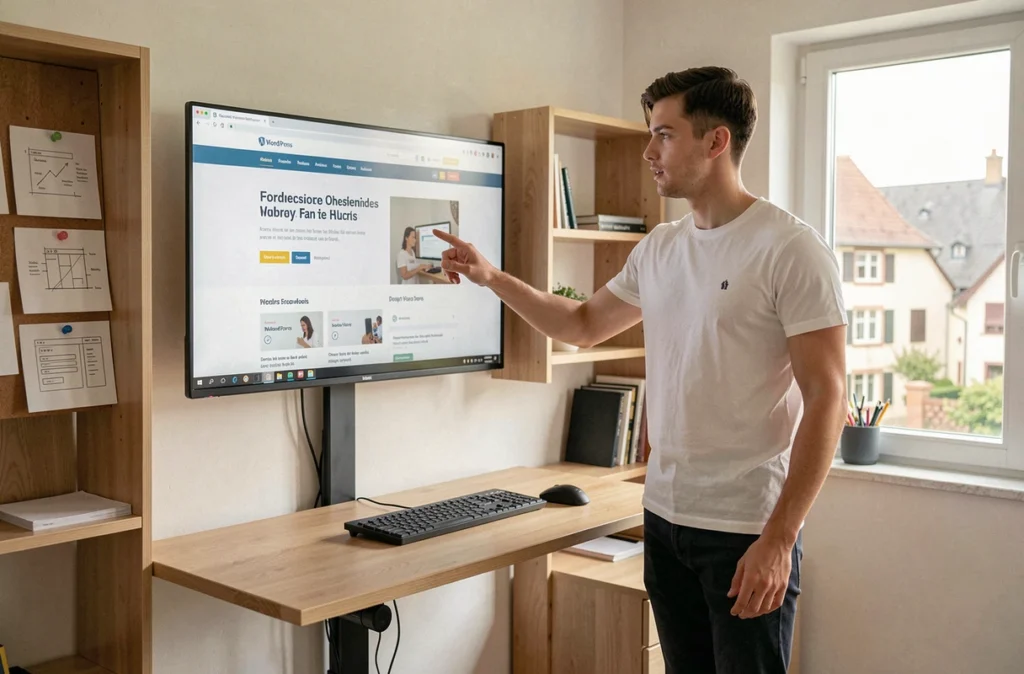 Designer de l'agence Kodeeus à Cernay présentant un projet WordPress sur grand écran