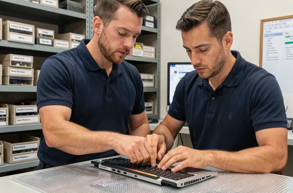 Technicien de MV-Infoservices remplaçant le clavier d'un ordinateur portable dans son atelier à Nice