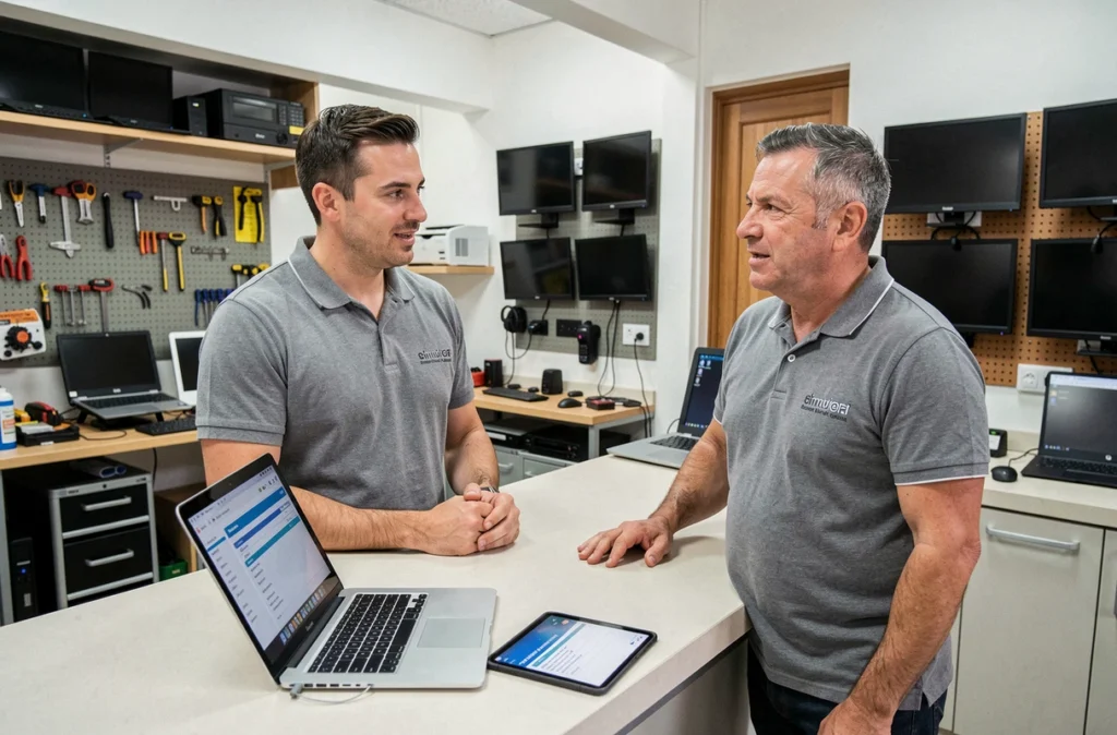 Technicien de Riviera Informatique accueillant un client pour un dépannage informatique multiservice à Nice