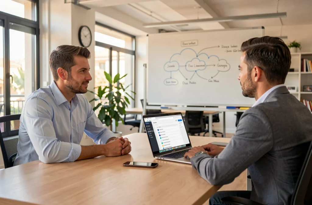 Conseiller de Riviera Prestations Informatique présentant des solutions d'hébergement à un client à Nice