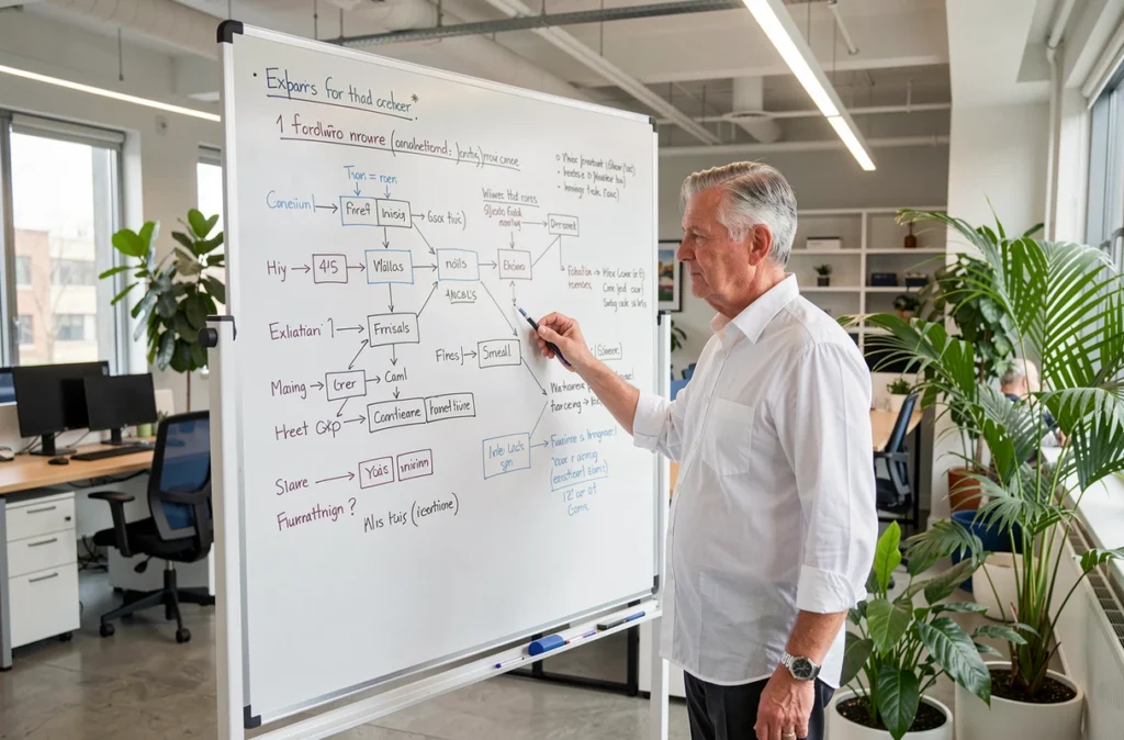 Architecte logiciel de Smile annotant un tableau blanc avec des diagrammes de système dans un espace collaboratif moderne