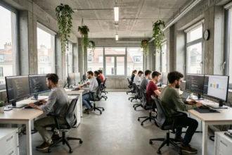 Vue d'ensemble d'un bureau moderne de développement logiciel à Lyon avec des développeurs travaillant sur des postes informatiques