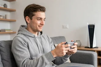 Homme jouant sur la console portable Sony PlayStation Portal en streaming depuis une PS5 dans un salon moderne
