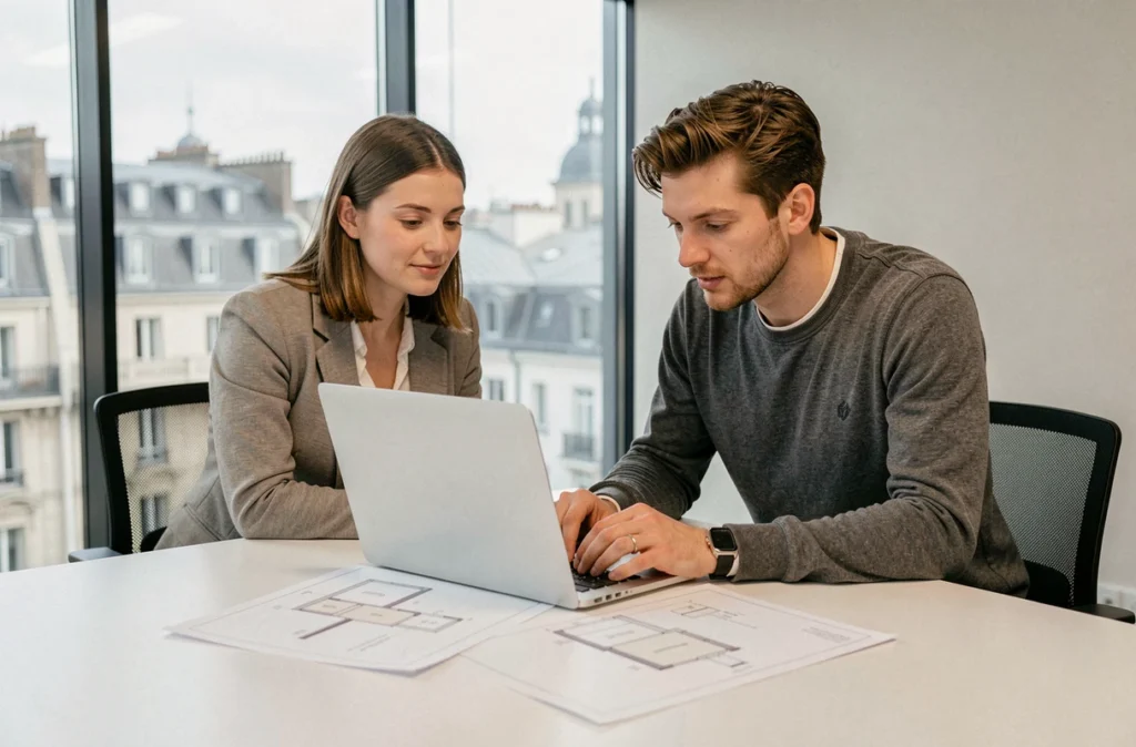 Deux ingénieurs logiciels de TheCodingMachine collaborant autour de diagrammes d'architecture dans une salle de réunion vitrée