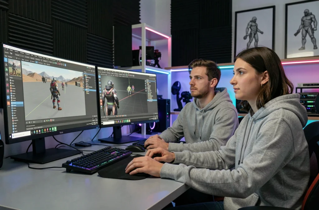 Deux développeurs de jeux vidéo chez Wanadev travaillant sur des logiciels 3D dans un studio gaming créatif
