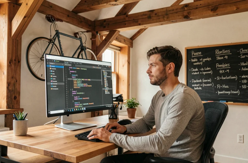 Développeur web de Webqam travaillant sur une interface responsive dans un bureau d'agence créative avec des poutres en bois