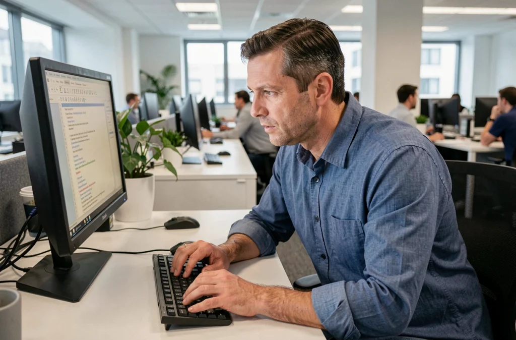 Homme en open space corrigeant une erreur de frappe sur un clavier mécanique devant un écran d'ordinateur de bureau