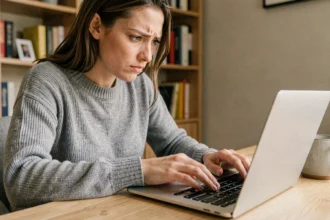 Femme utilisant le raccourci clavier Ctrl+Z sur un laptop pour annuler une erreur de frappe dans un bureau à domicile